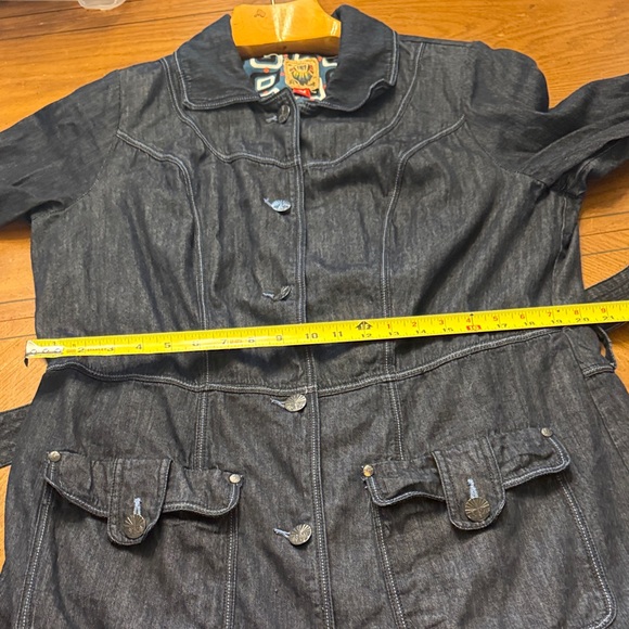 Dark Denim Trench Coat Fitted Button Up Jacket w/ Pockets Patterned Lining 2X - Picture 7 of 14